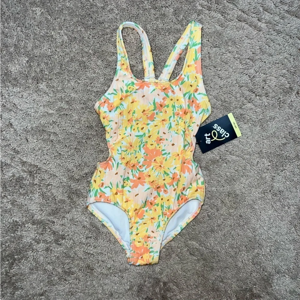 Art Class One Piece Yellow Floral Swimsuit Ribbed Bathing Suit Cut Out XS (4/5)